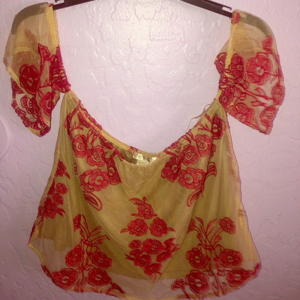 Tan & red flower blouse